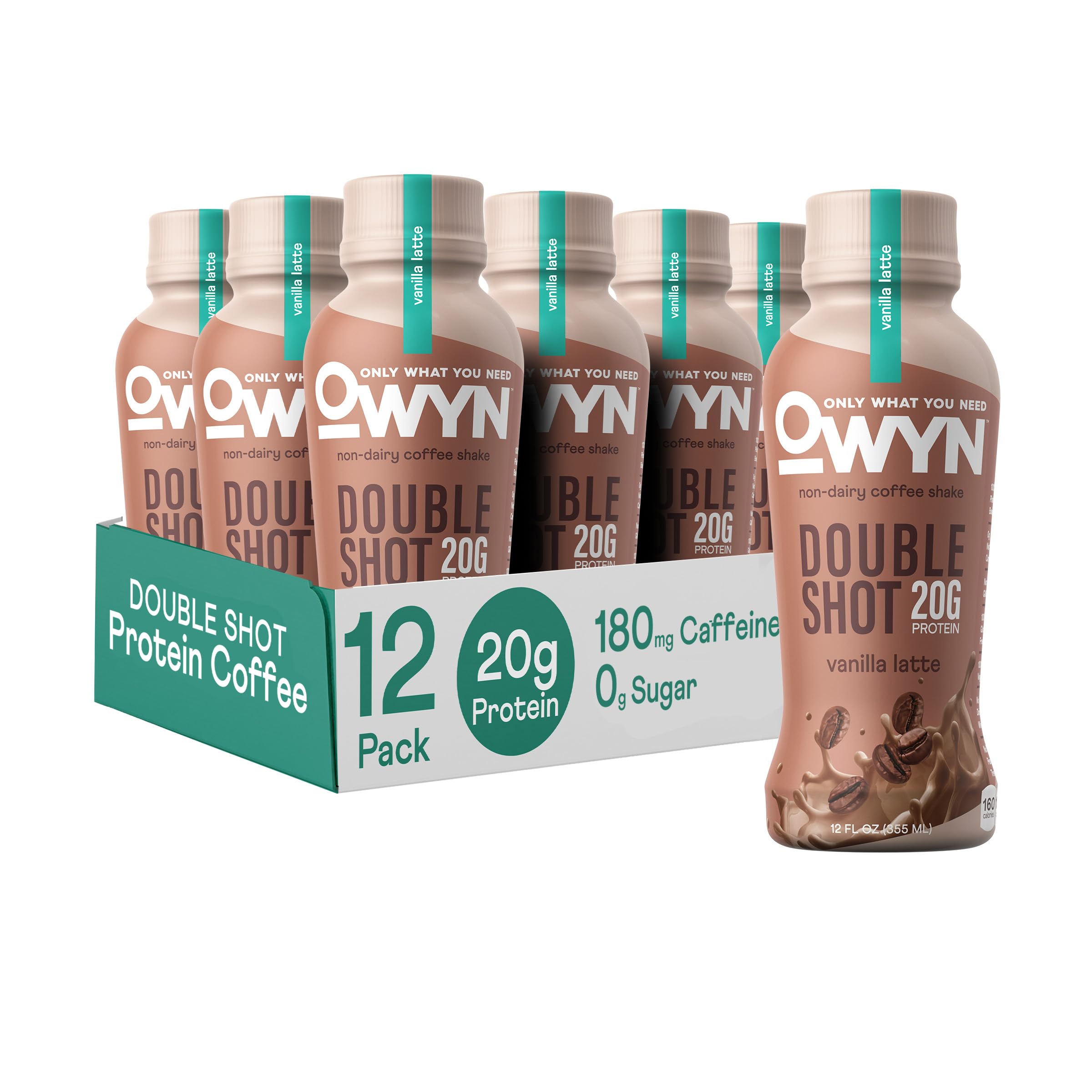 OWYN Double Shot Vanilla Latte bottle shows plant-based protein boost for on-the-go fueling