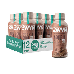OWYN Double Shot Vanilla Latte bottle shows plant-based protein boost for on-the-go fueling