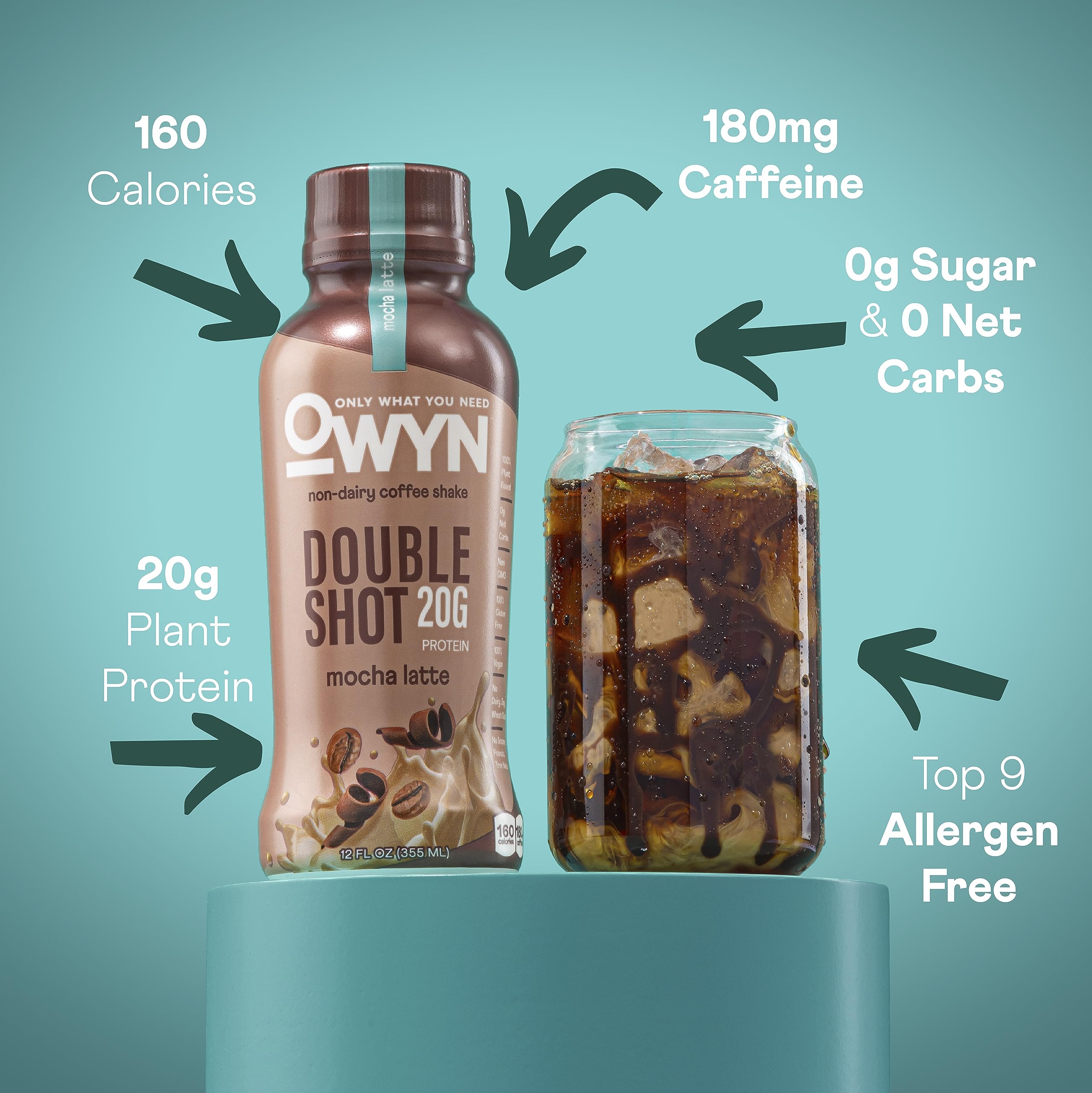 OWYN Double Shot Vanilla Latte cup highlights plant protein and zero sugar for a clean pick-me-up