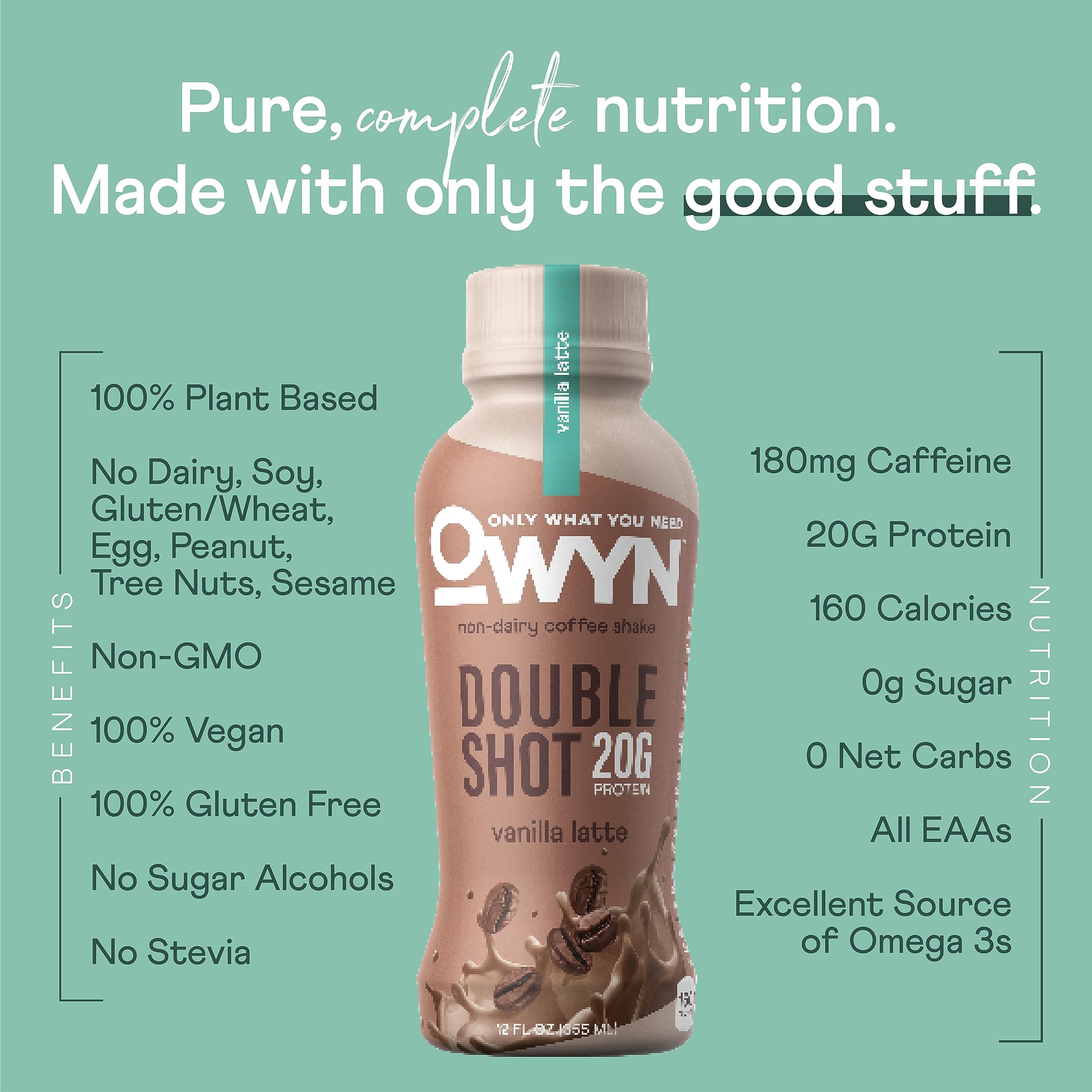 Close-up of label on OWYN Vanilla Latte highlighting allergen-friendly ingredients