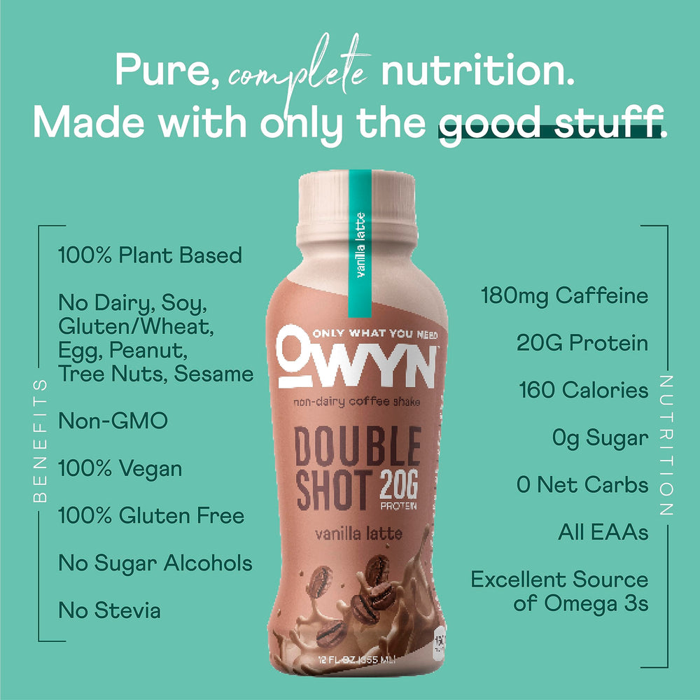 Close-up of label on OWYN Vanilla Latte highlighting allergen-friendly ingredients