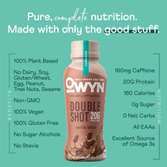 Close-up of label on OWYN Vanilla Latte highlighting allergen-friendly ingredients