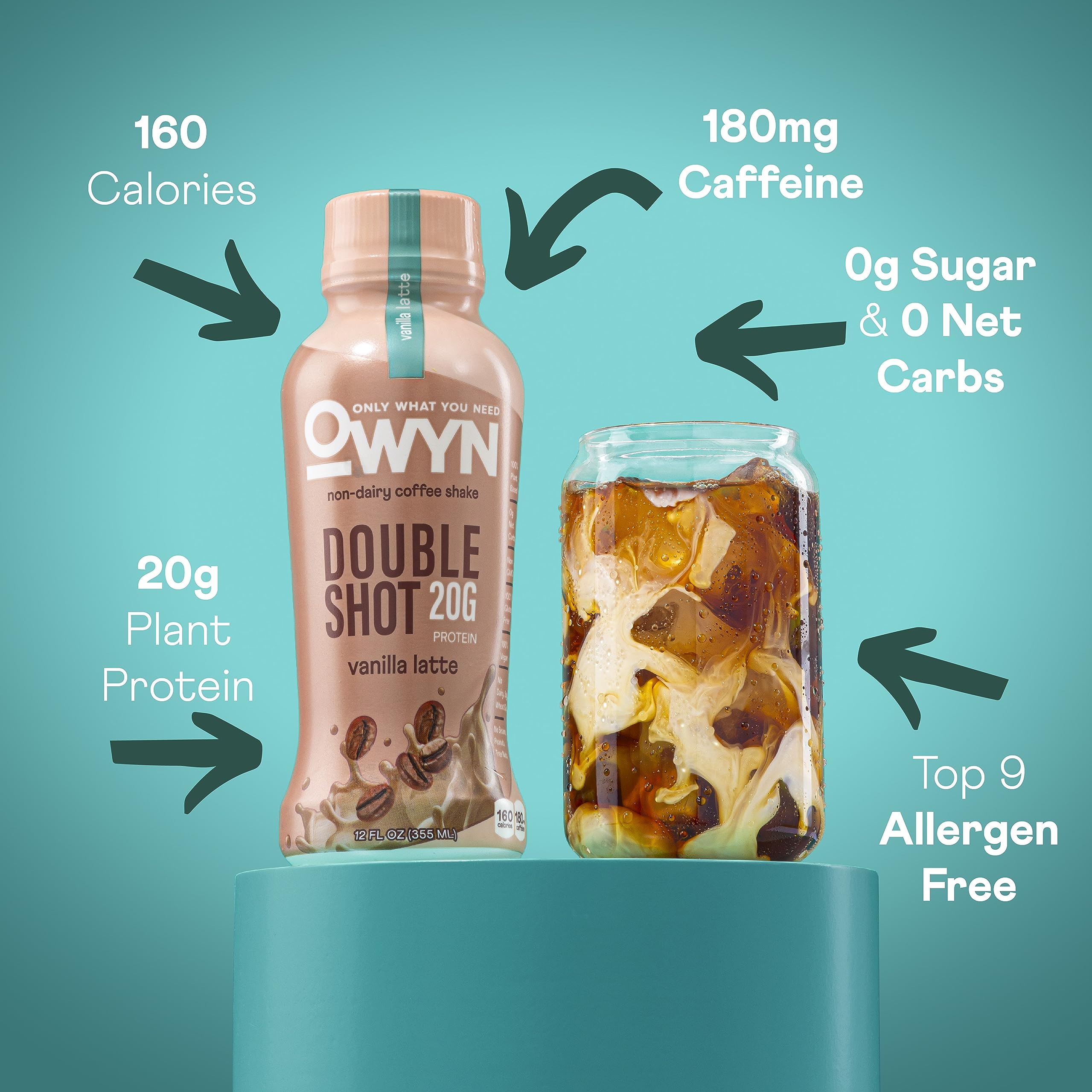 Pouring OWYN Double Shot Vanilla Latte reveals latte flavor and caffeine boost