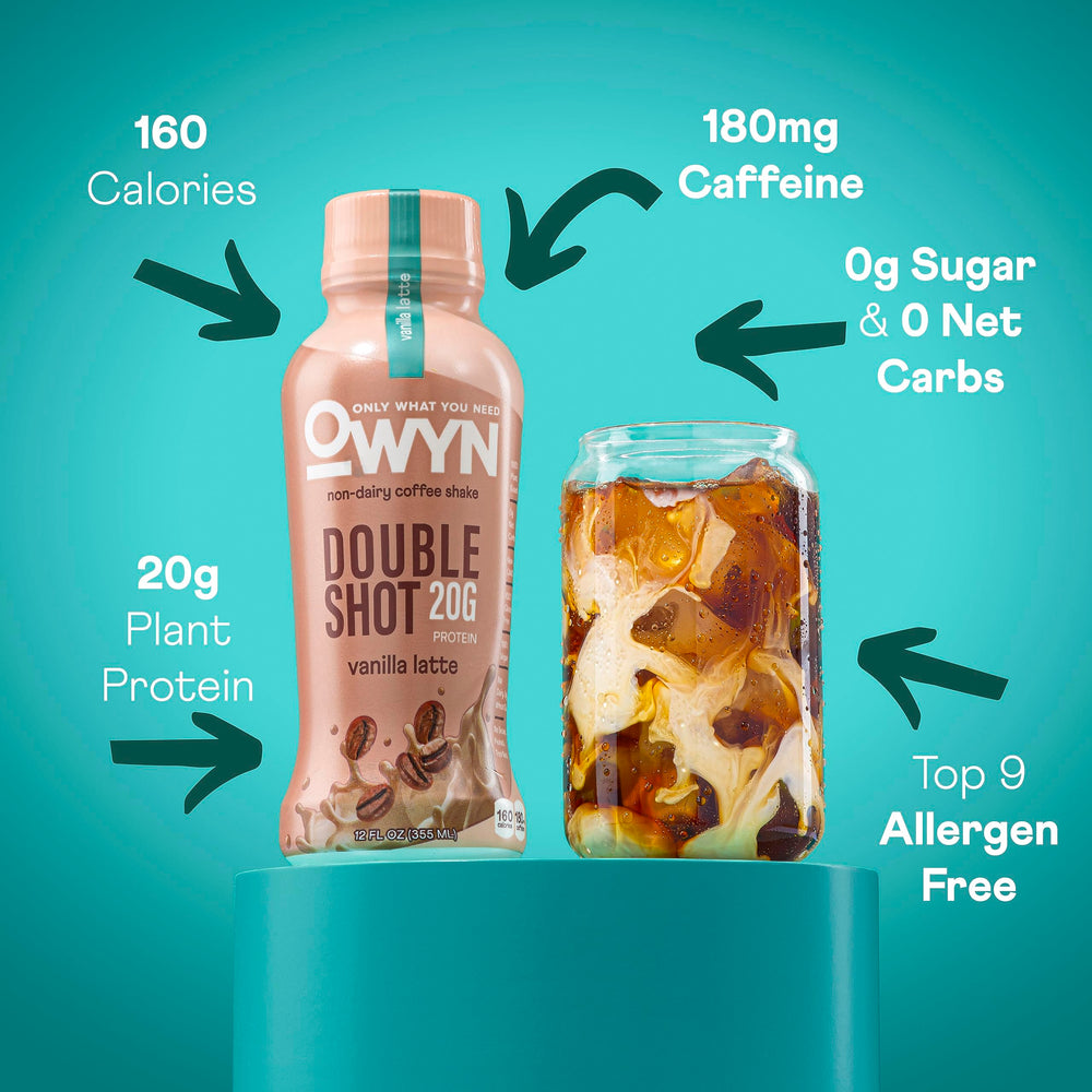 Pouring OWYN Double Shot Vanilla Latte reveals latte flavor and caffeine boost