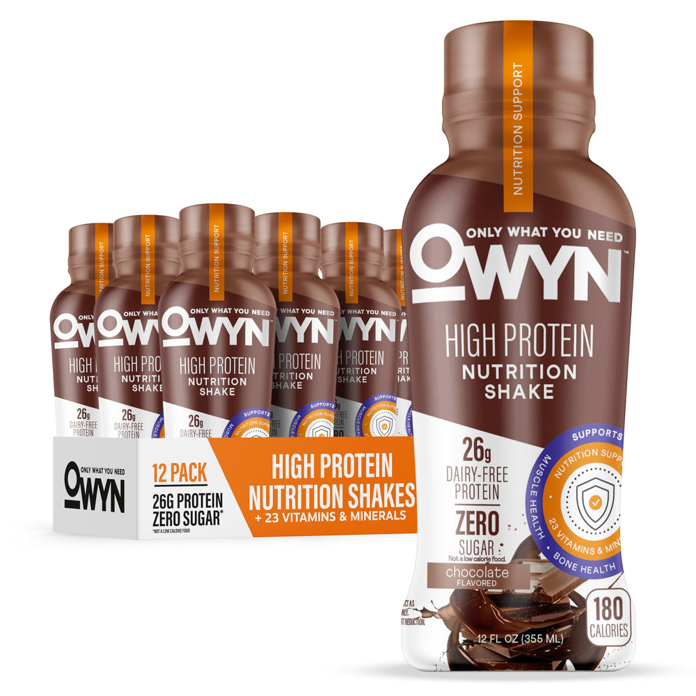 OWYN High Protein Shake chocolate bottle showing 26g protein per serving