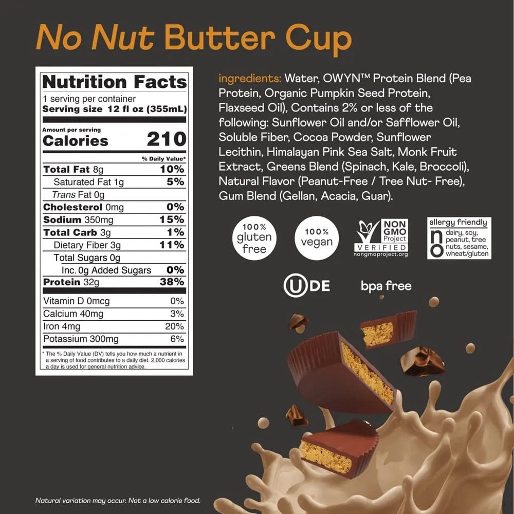 OWYN No Nut Butter Cup Pro Elite pour; supports post-workout recovery with vegan protein.