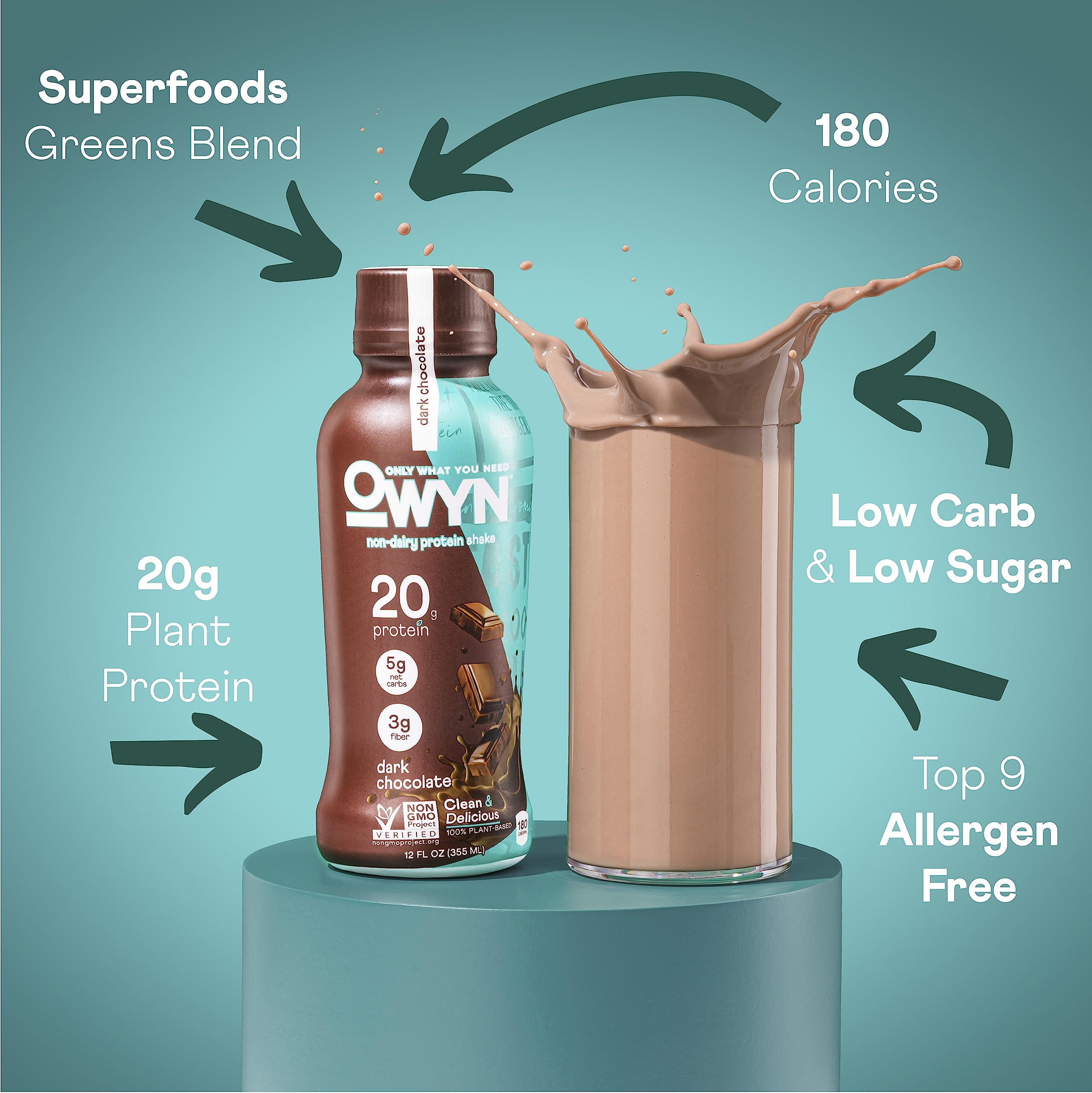OWYN dark-chocolate glass: plant-based protein for post-workout fueling.