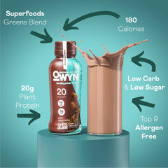 OWYN dark-chocolate glass: plant-based protein for post-workout fueling.