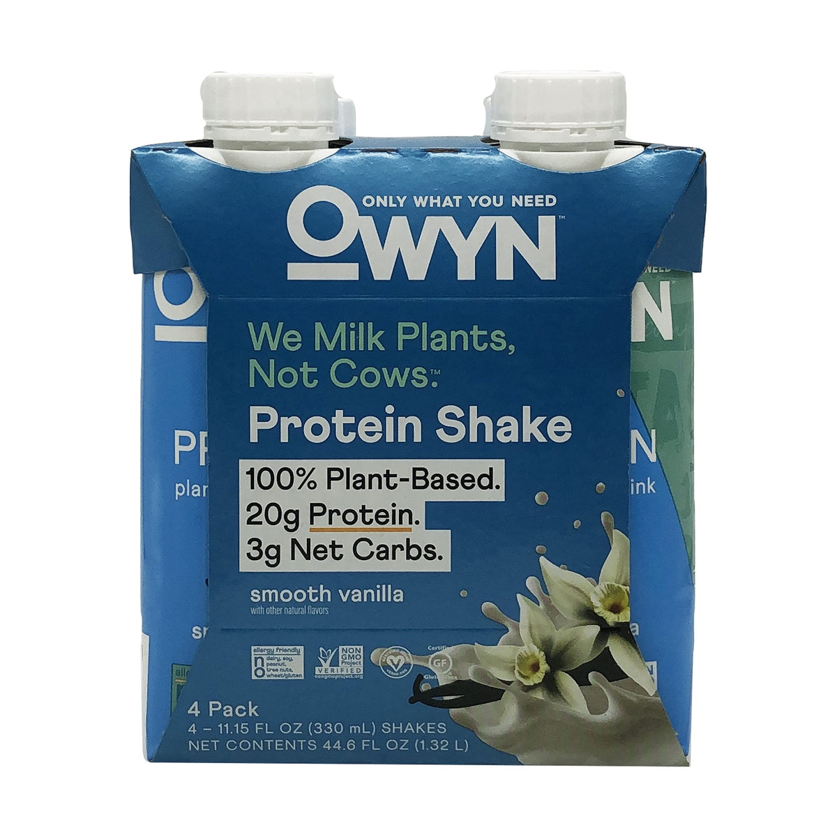 OWYN plant-based vanilla shake bottle highlights dairy-free protein for daily nourishment.