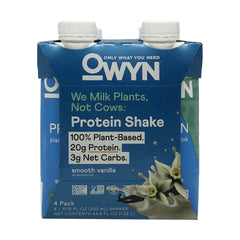 OWYN plant-based vanilla shake bottle highlights dairy-free protein for daily nourishment.
