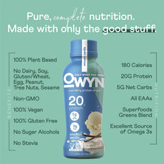 OWYN label close-up shows 20g vegan protein from chia, pea, and pumpkin seeds