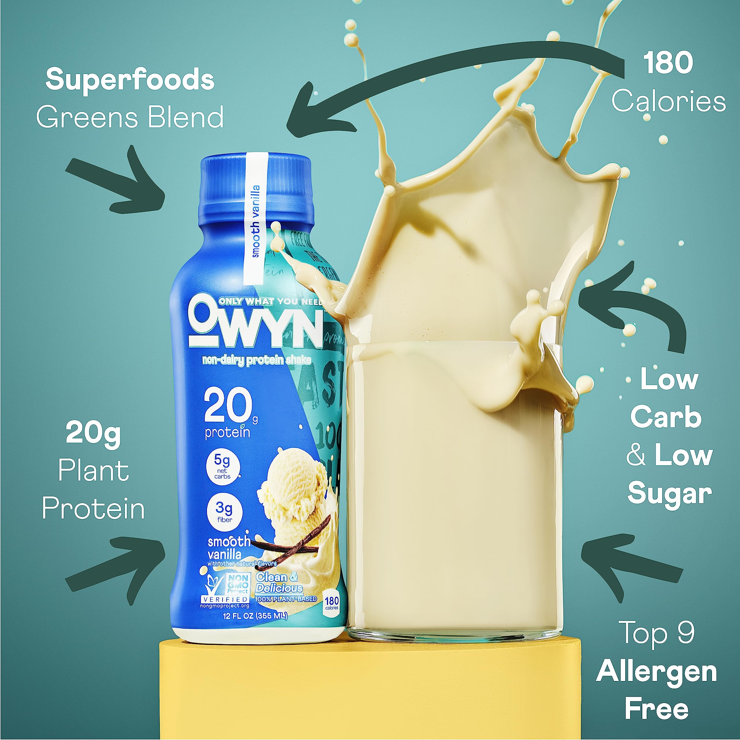 OWYN Smooth Vanilla shake in glass, convenient ready-to-drink plant-based protein for workouts