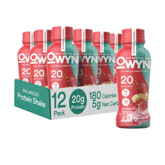 OWYN Strawberry Banana bottle showing 20 g vegan protein for active days