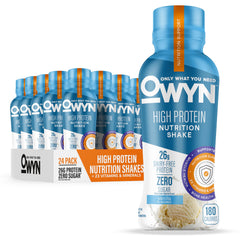 OWYN vanilla high-protein shake bottle for convenient dairy-free nutrition.