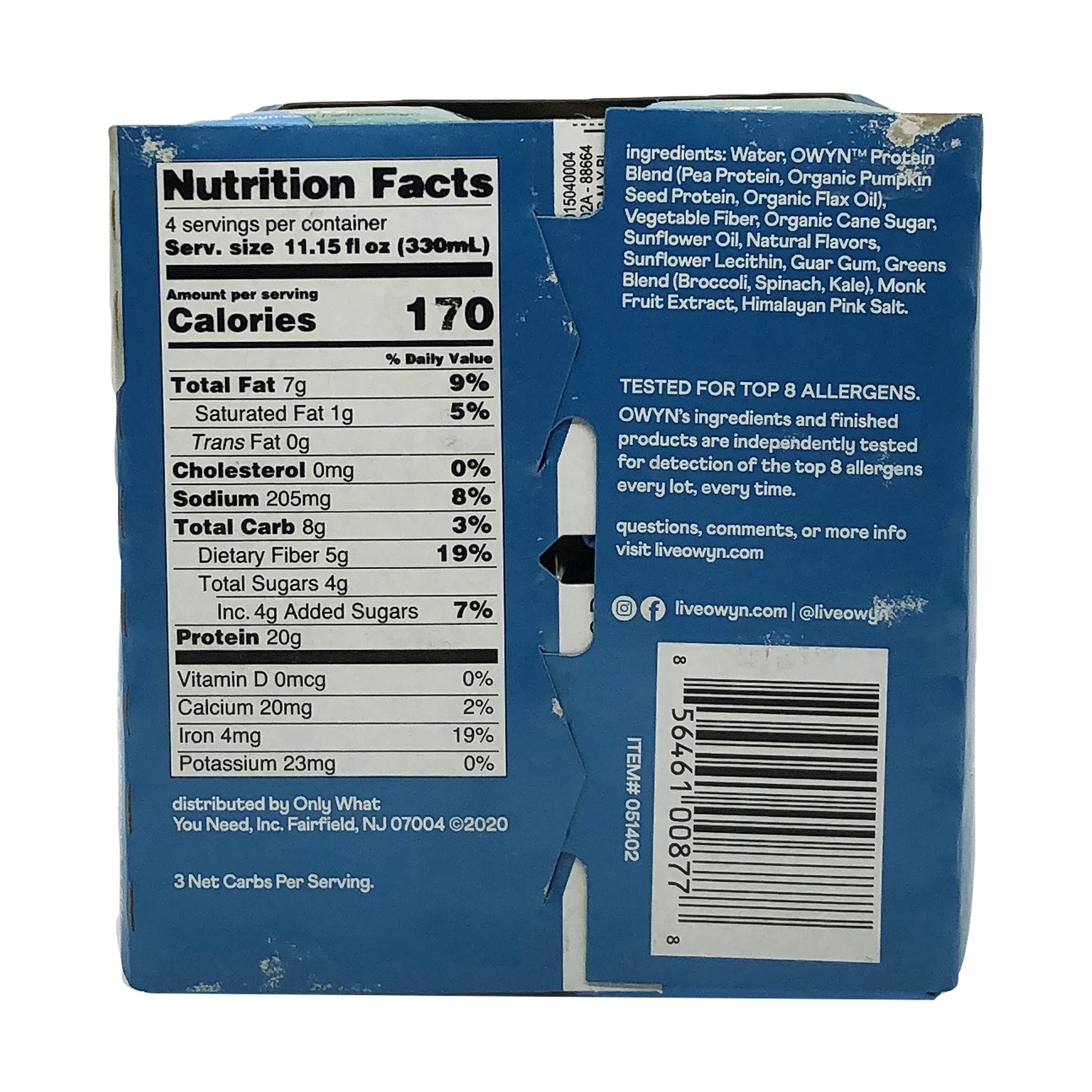 OWYN 4-pack front view communicates convenient vegan protein for busy days.