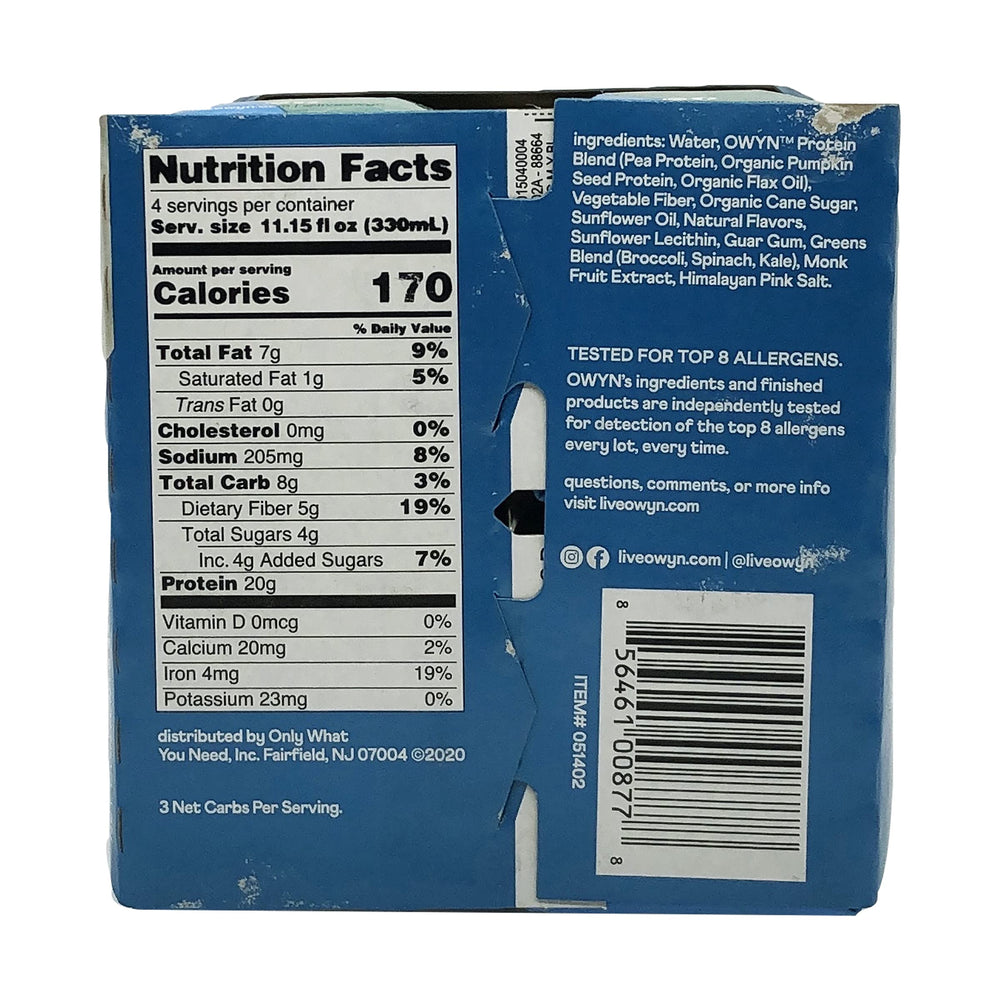OWYN 4-pack front view communicates convenient vegan protein for busy days.