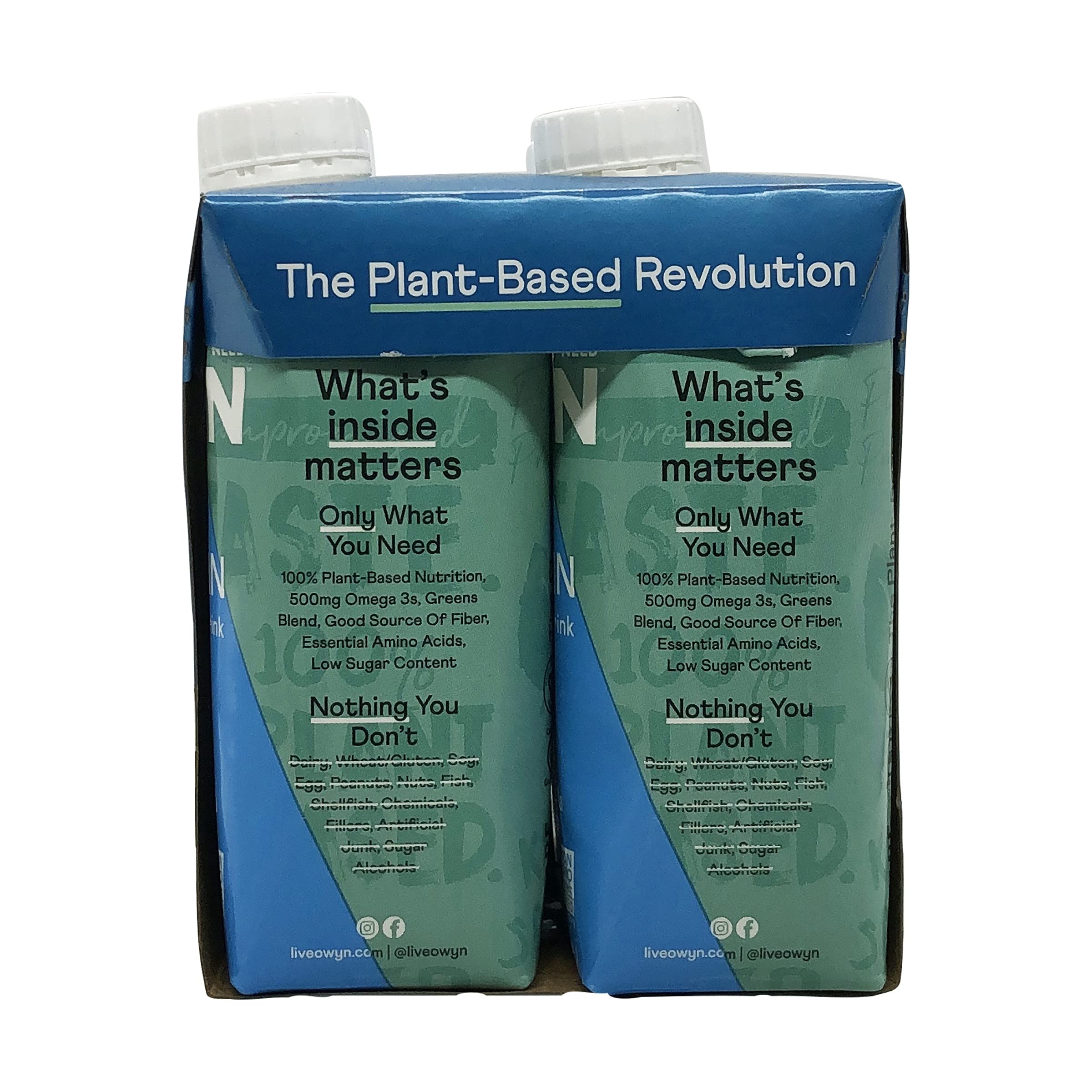 OWYN vanilla shake on a table with ingredients emphasizes quick plant protein.