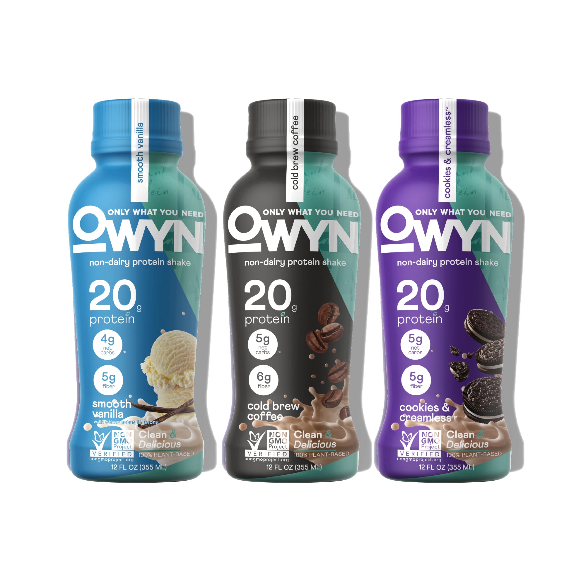 OWYN vanilla protein shake bottle showing plant-based protein for active days