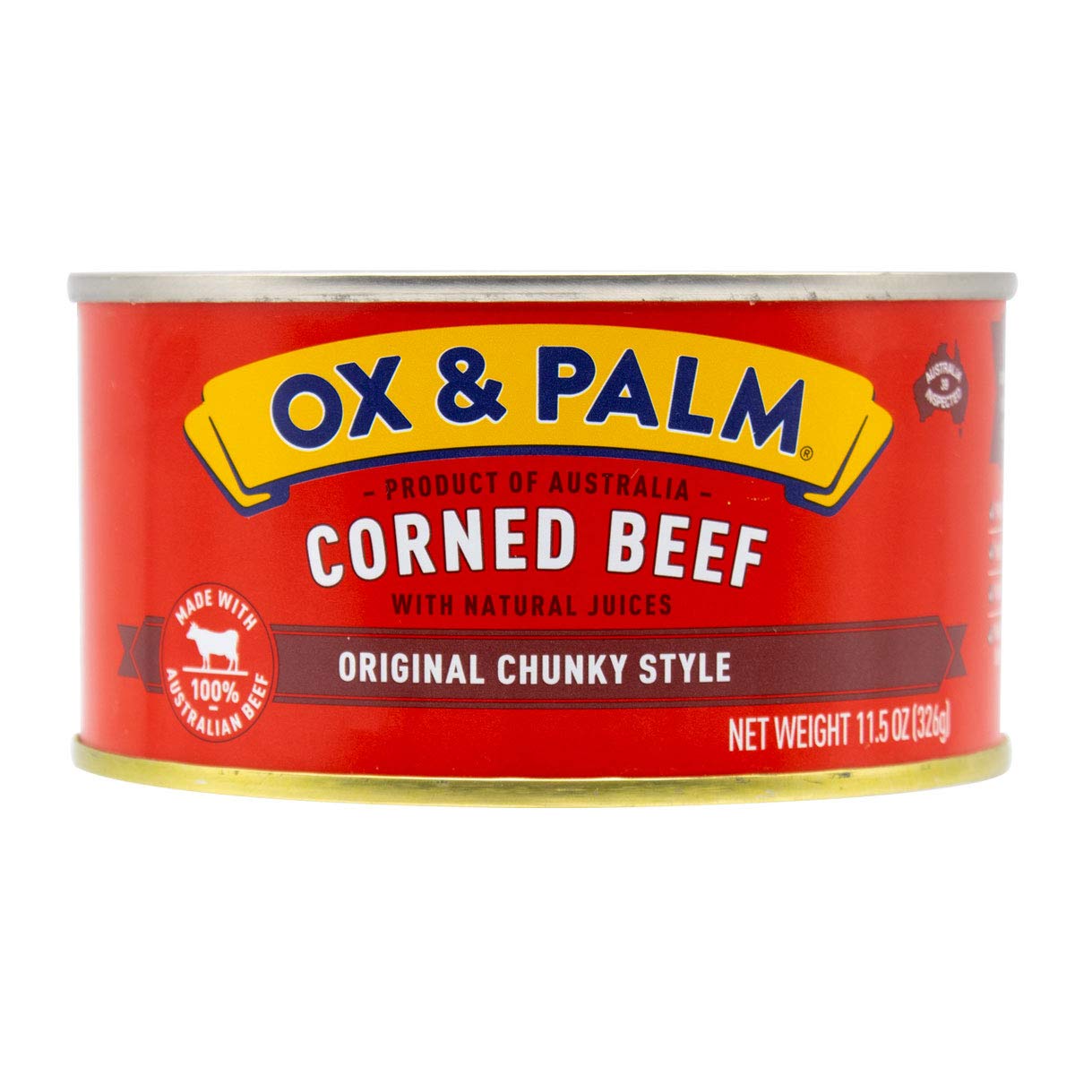 Ox & Palm corned beef original chunky can front view highlights premium Angus beef.