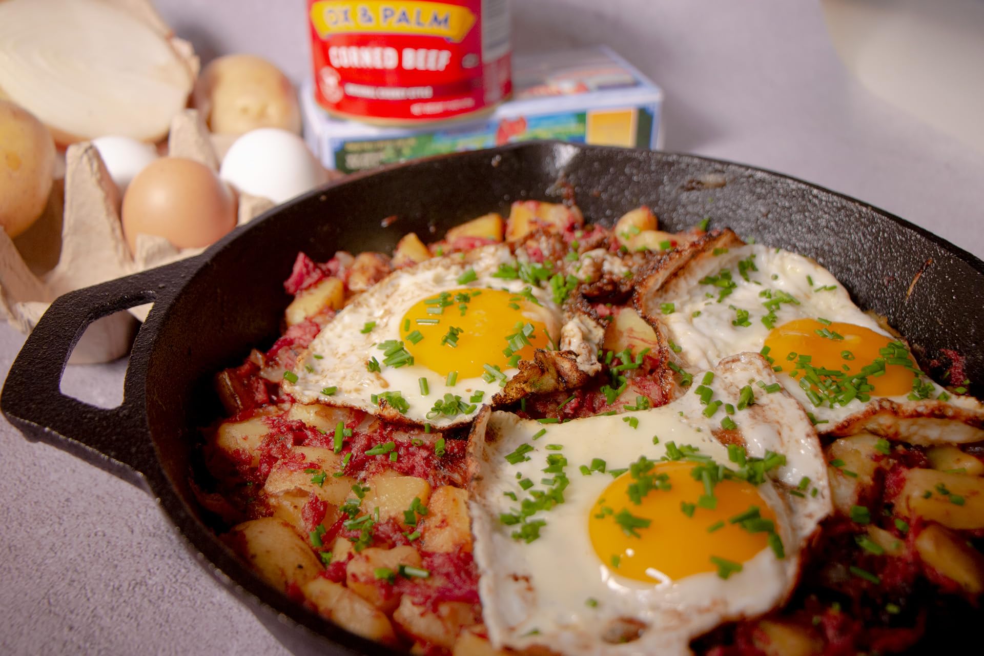 Ox & Palm corned beef original chunky opened chunks reveal hearty texture for sandwiches.
