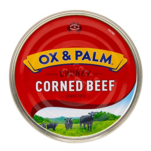Ox & Palm corned beef shown as sandwich or hash option for easy meals.