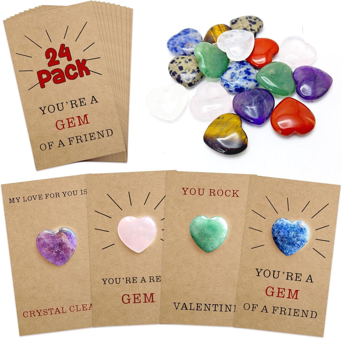 OYB Valentines cards with heart crystals 24-piece set for gifting