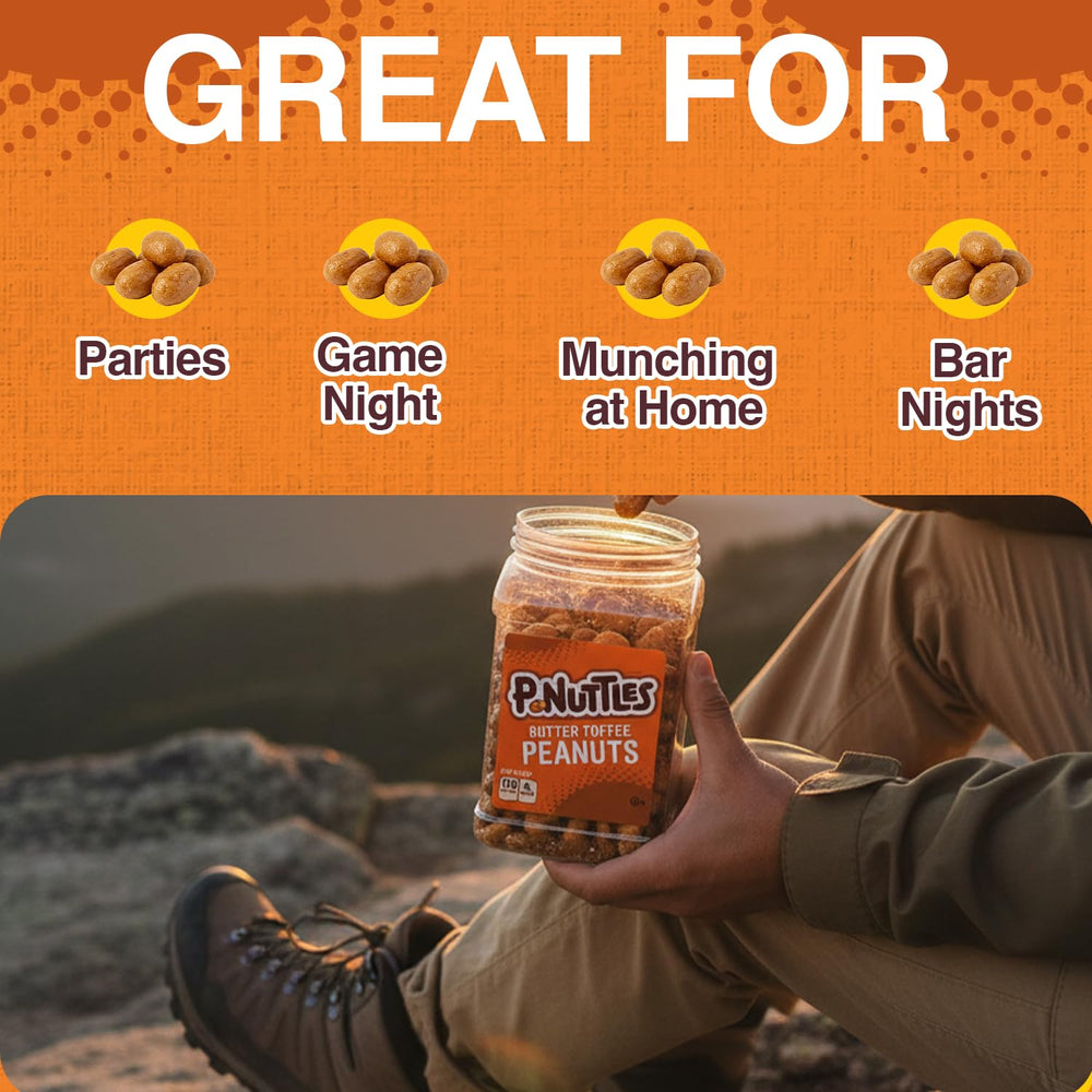 P-Nuttles butter toffee peanuts 44oz resealable jar for fresh snacking anytime.