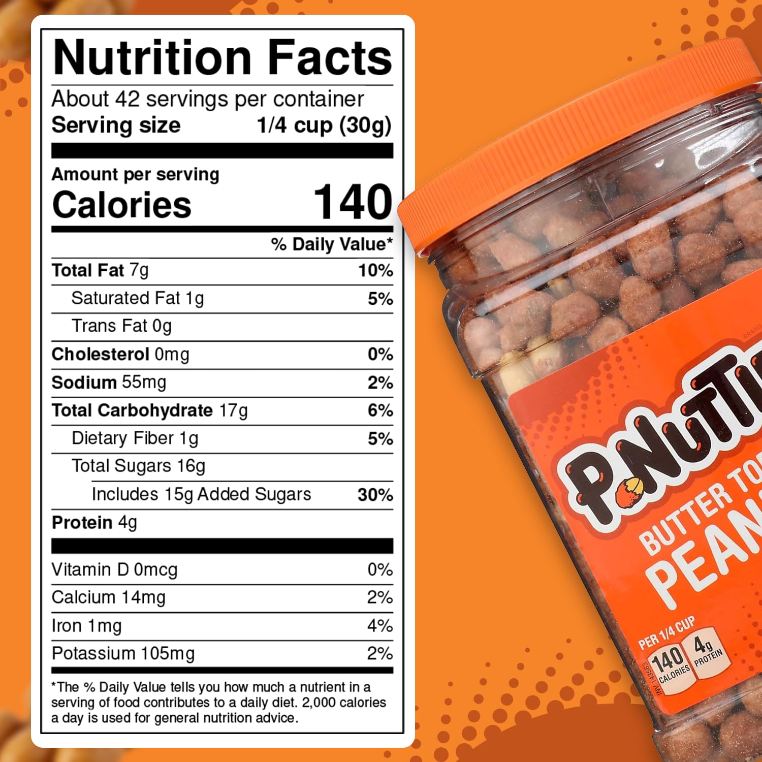 P-Nuttles butter toffee peanuts close-up showing creamy toffee and crunchy peanut texture.