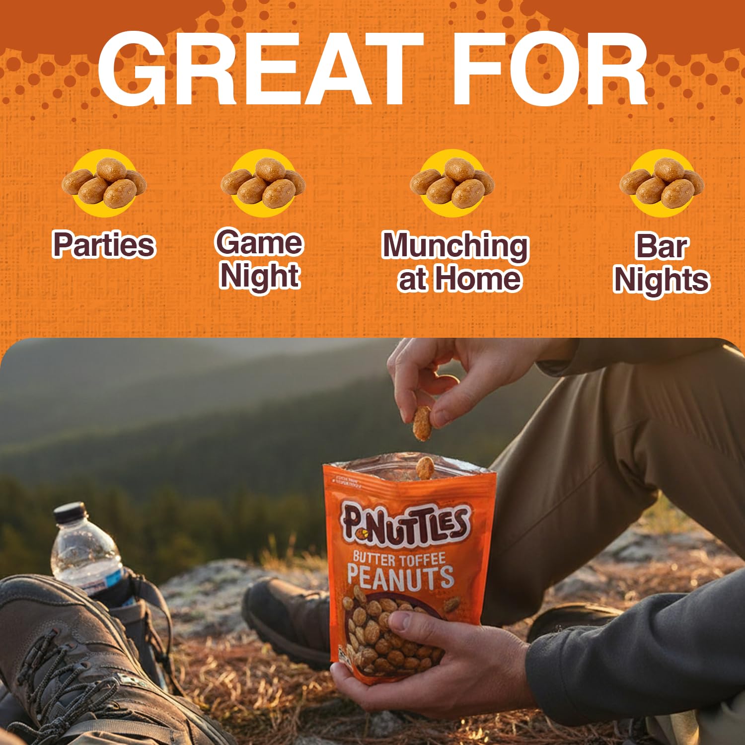 P-Nuttles Butter Toffee Peanuts resealable bag keeps freshness.