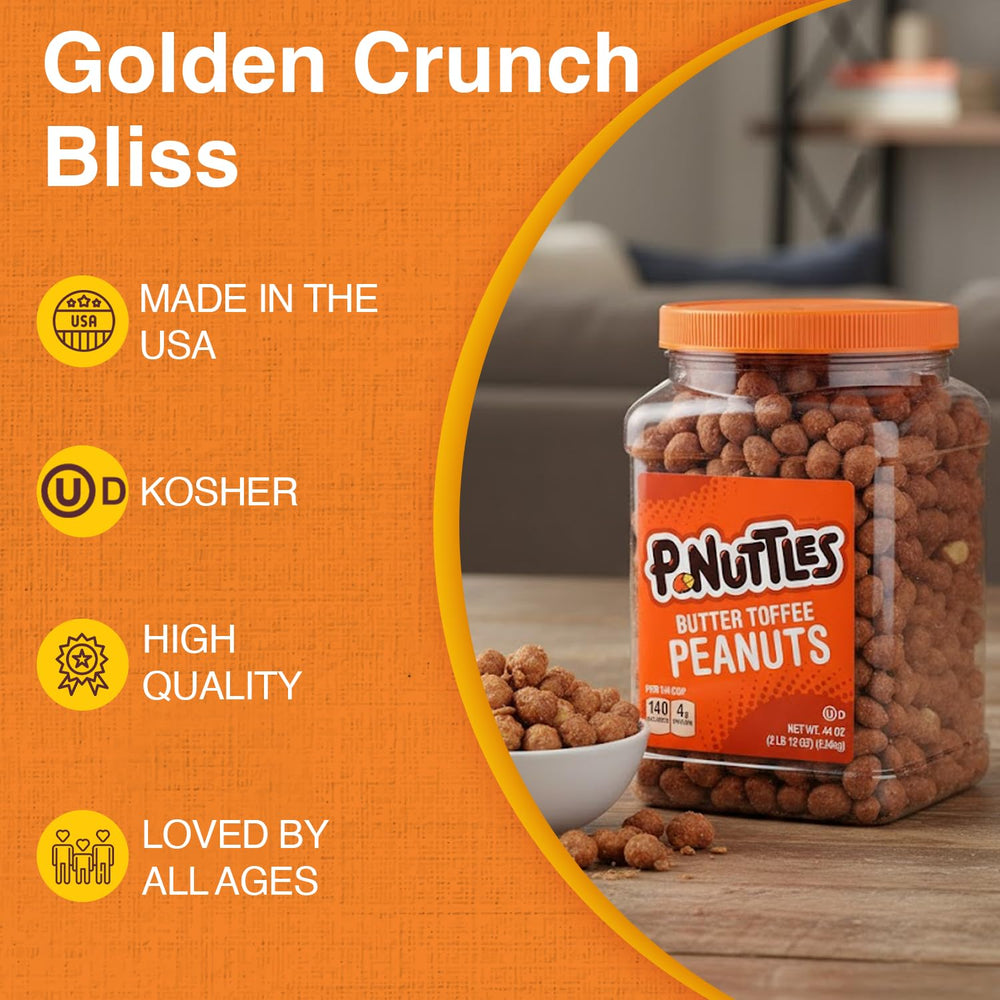 Spill-proof resealable jar of P-Nuttles Butter Toffee Peanuts on a desk