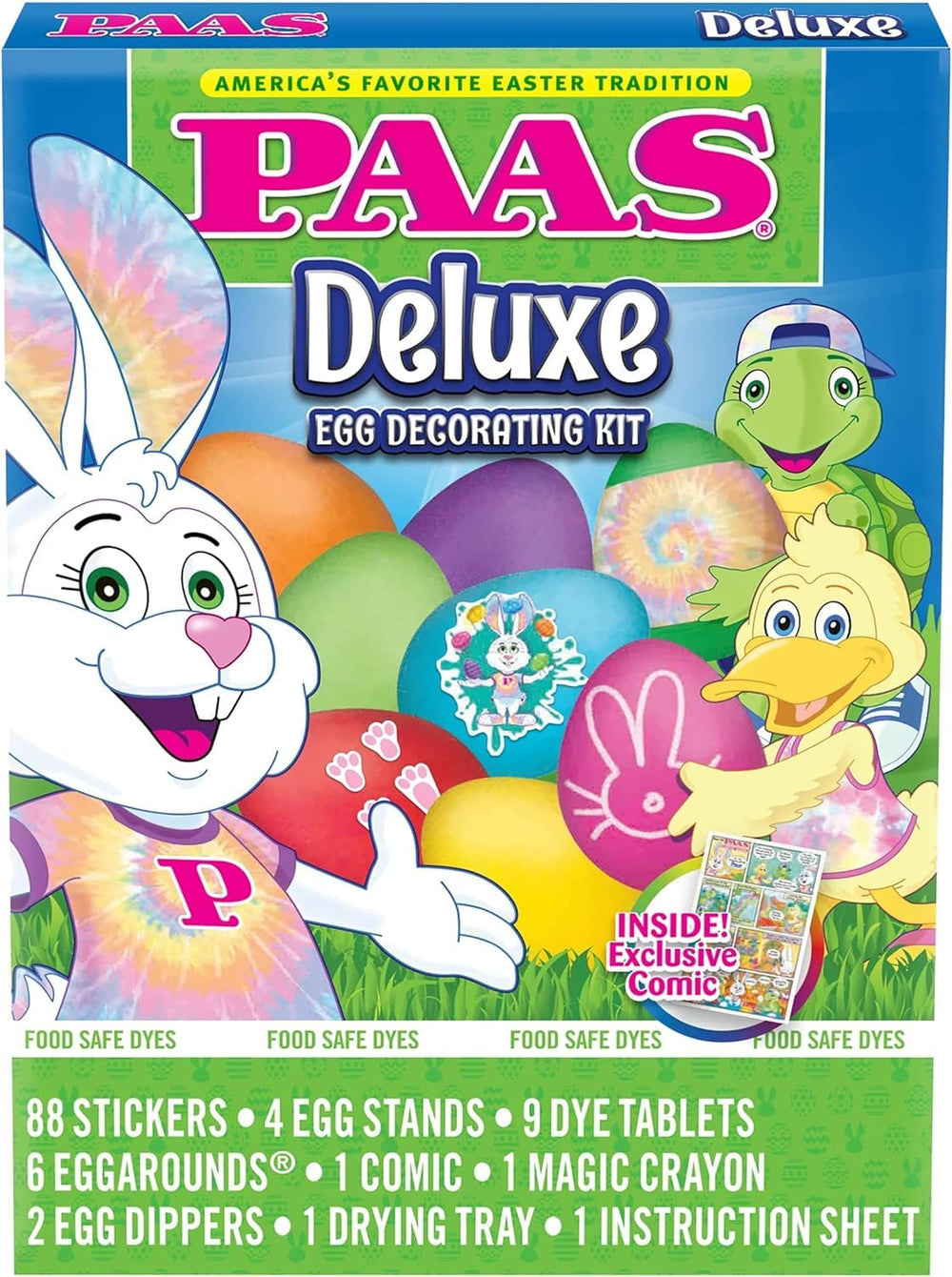 PAAS Deluxe Easter Egg Decorating Kit offers vibrant dyes for bold color results.