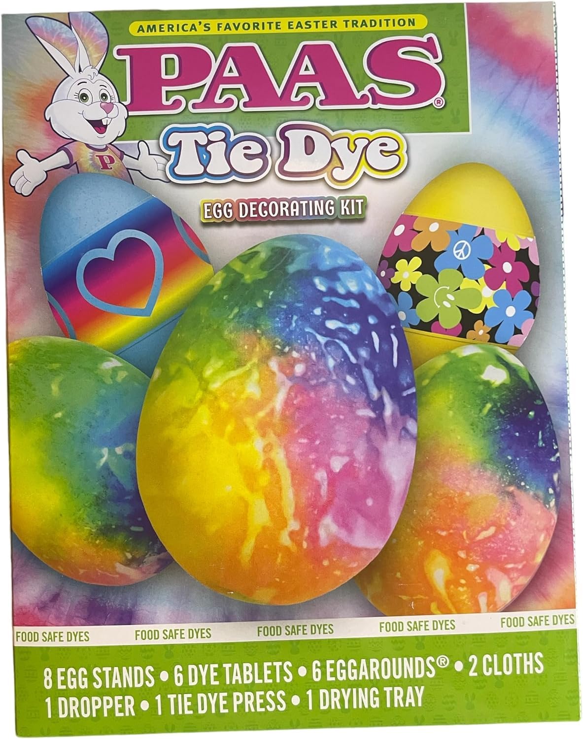 PAAS tie-dye egg decorating kit with dye tablets and stickers for vibrant, kid-friendly results.