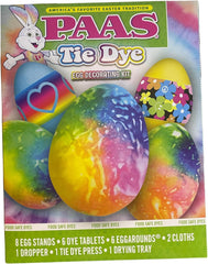 PAAS tie-dye egg decorating kit with dye tablets and stickers for vibrant, kid-friendly results.