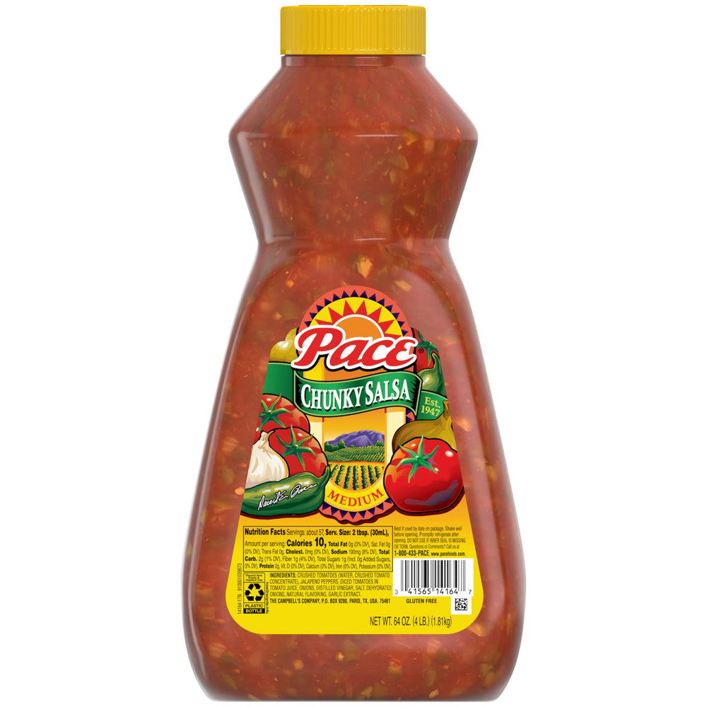 Pace Chunky Medium Salsa 64 oz bottle with fresh tomatoes and jalapeños for dipping and topping.