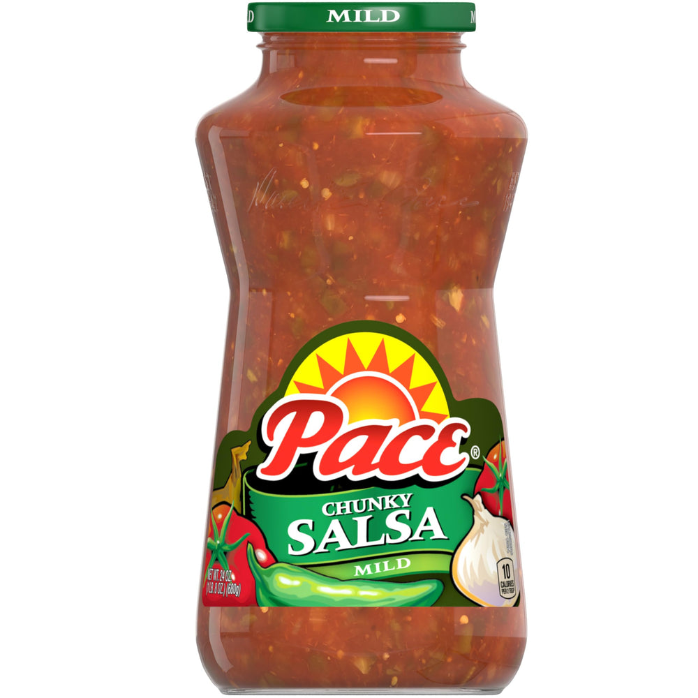 Pace Chunky Mild Salsa jar front showing vibrant tomatoes for bold dipping.