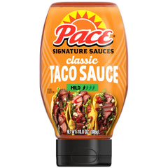 Pace Classic Taco Sauce bottle front shows bold flavor for tacos and toppings.