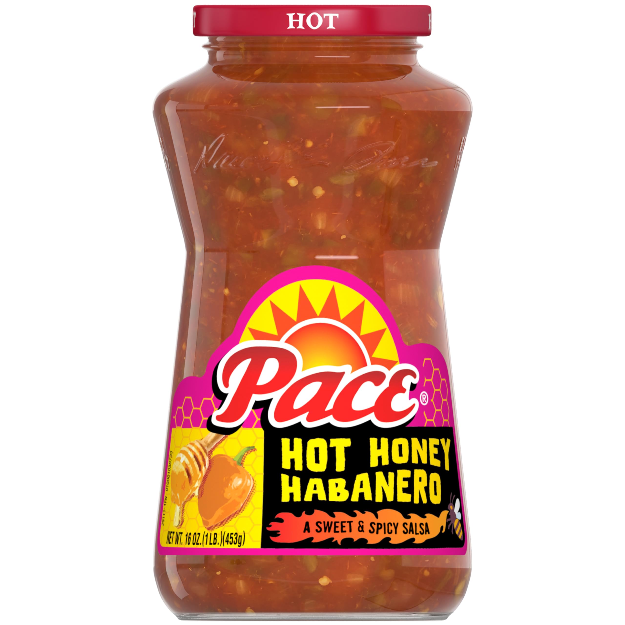 Pace Hot Honey Habanero salsa jar for topping tacos and nachos, glossy, bold flavor.