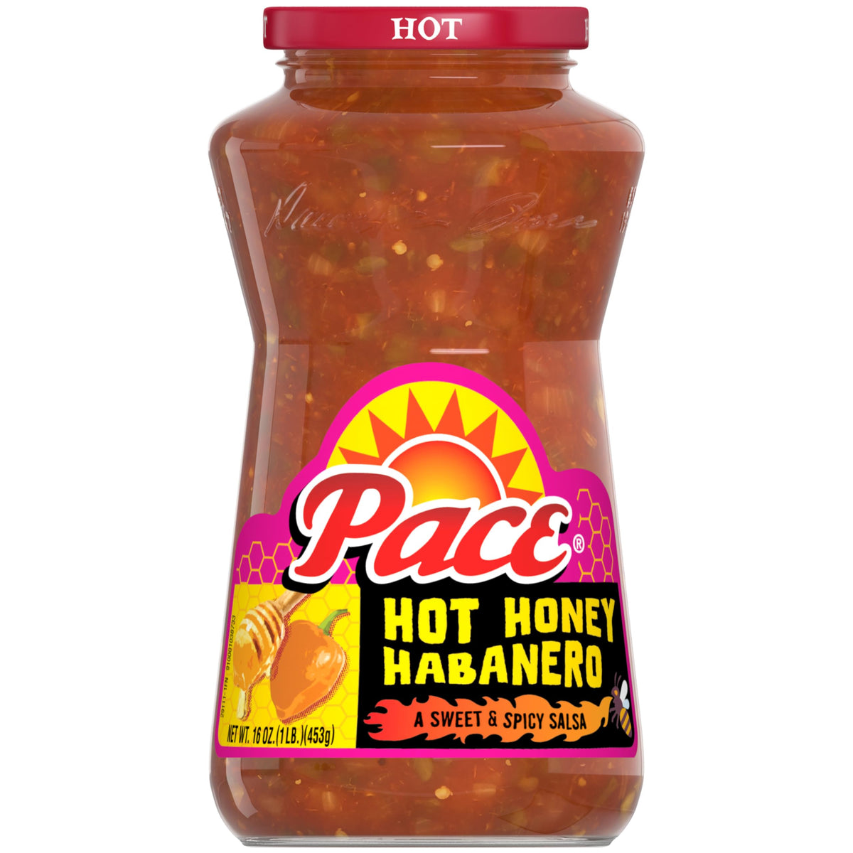 Pace Hot Honey Habanero salsa jar for topping tacos and nachos, glossy, bold flavor.