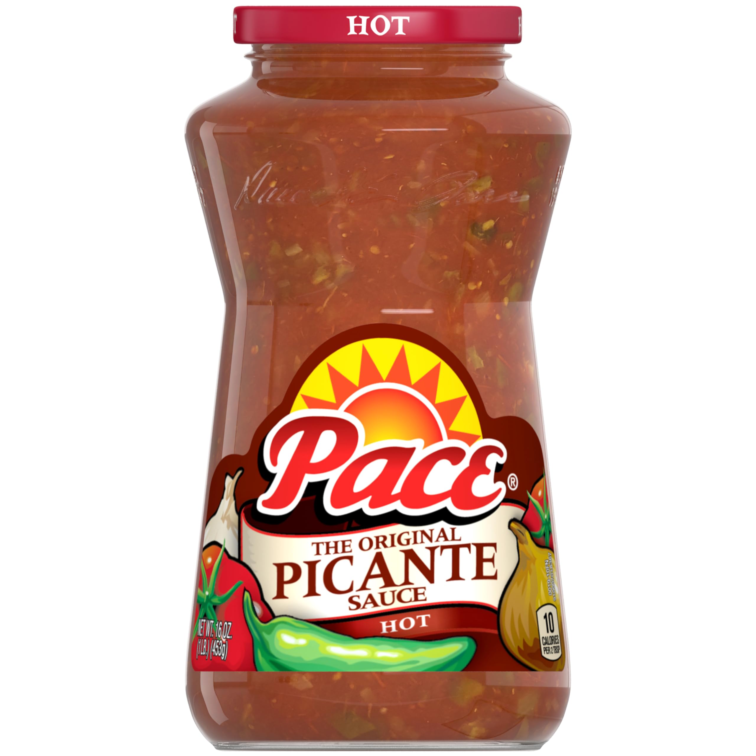 Pace Hot Picante Sauce 16 oz jar with fresh jalapeños and tomatoes for bold dipping