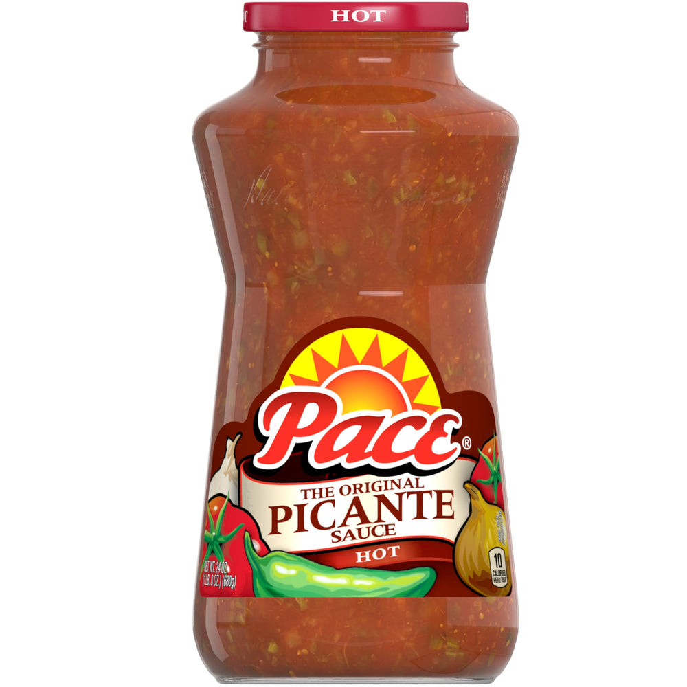 Pace Hot Picante Sauce jar ready for dipping and topping with bold jalapeno kick.