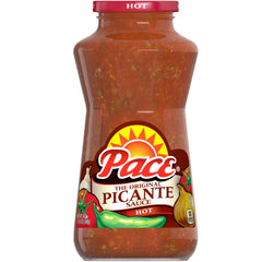 Pace Hot Picante Sauce jar ready for dipping and topping with bold jalapeno kick.