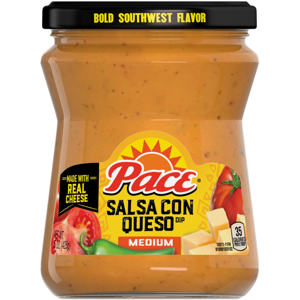 Pace Salsa Con Queso Dip jar front, creamy cheese dip perfect for tortilla chips.