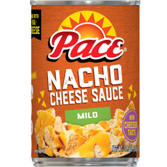 Pace Mild Nacho Cheese Sauce can front view, creamy dip ready for snacking.