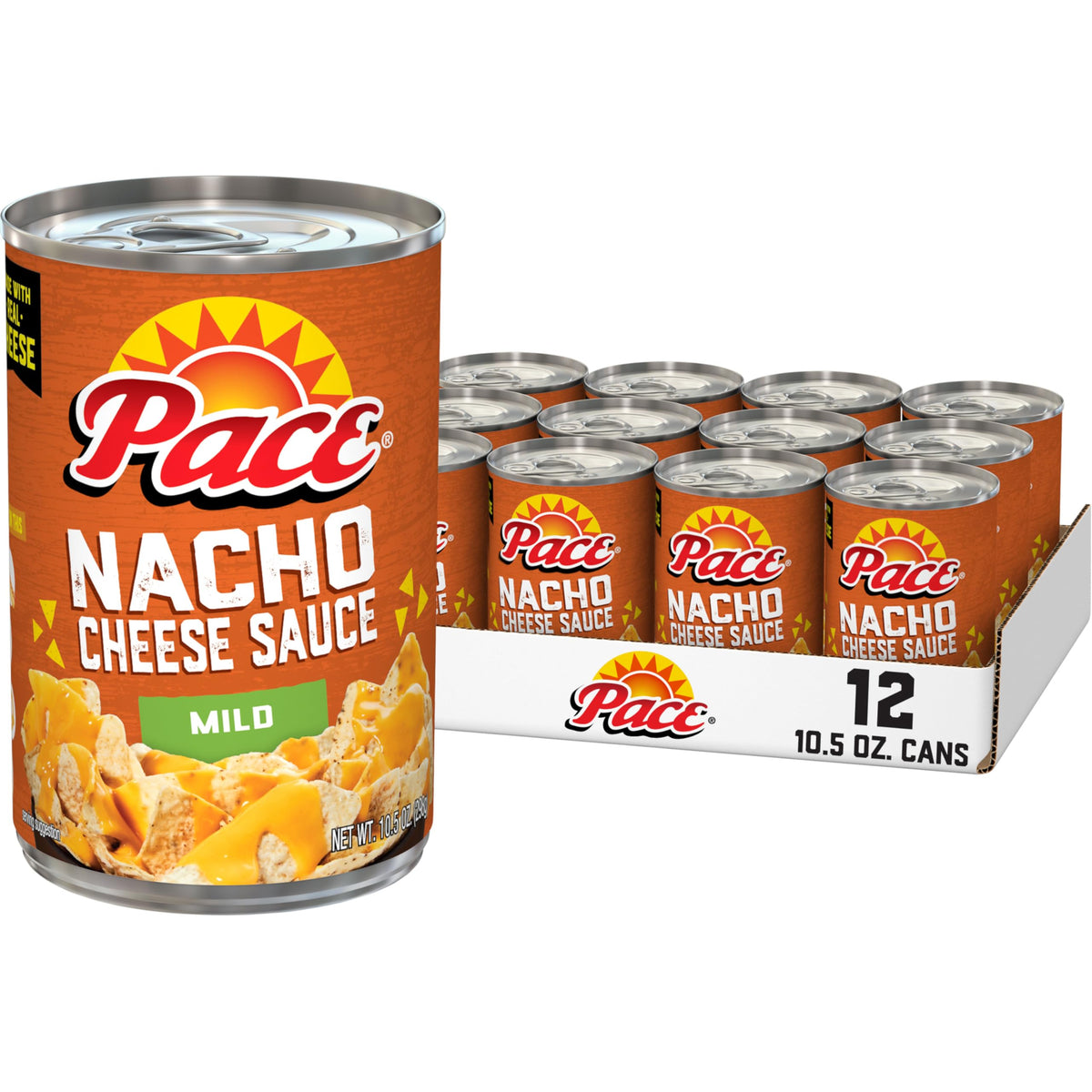 Pace Mild Nacho Cheese Sauce cans stacked for convenient party prep.