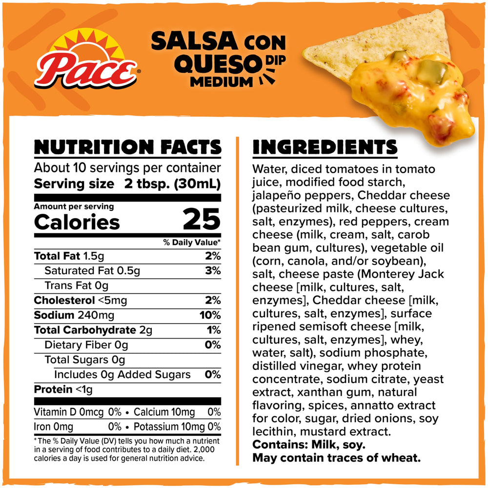 Pace queso dip with chips, ideal for quick game-day snacking.