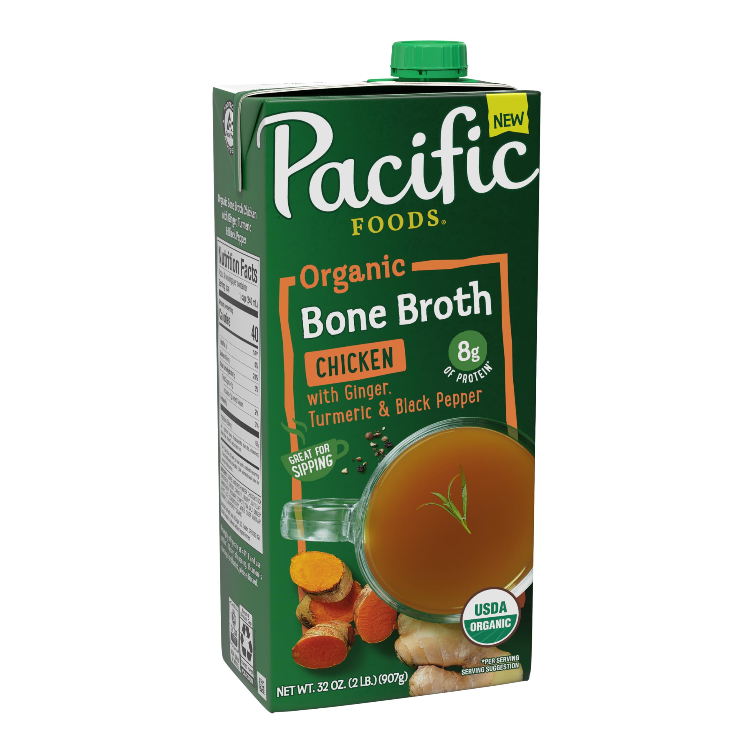 Pacific Foods bone broth carton front with ginger and pepper, organic and ready to sip.