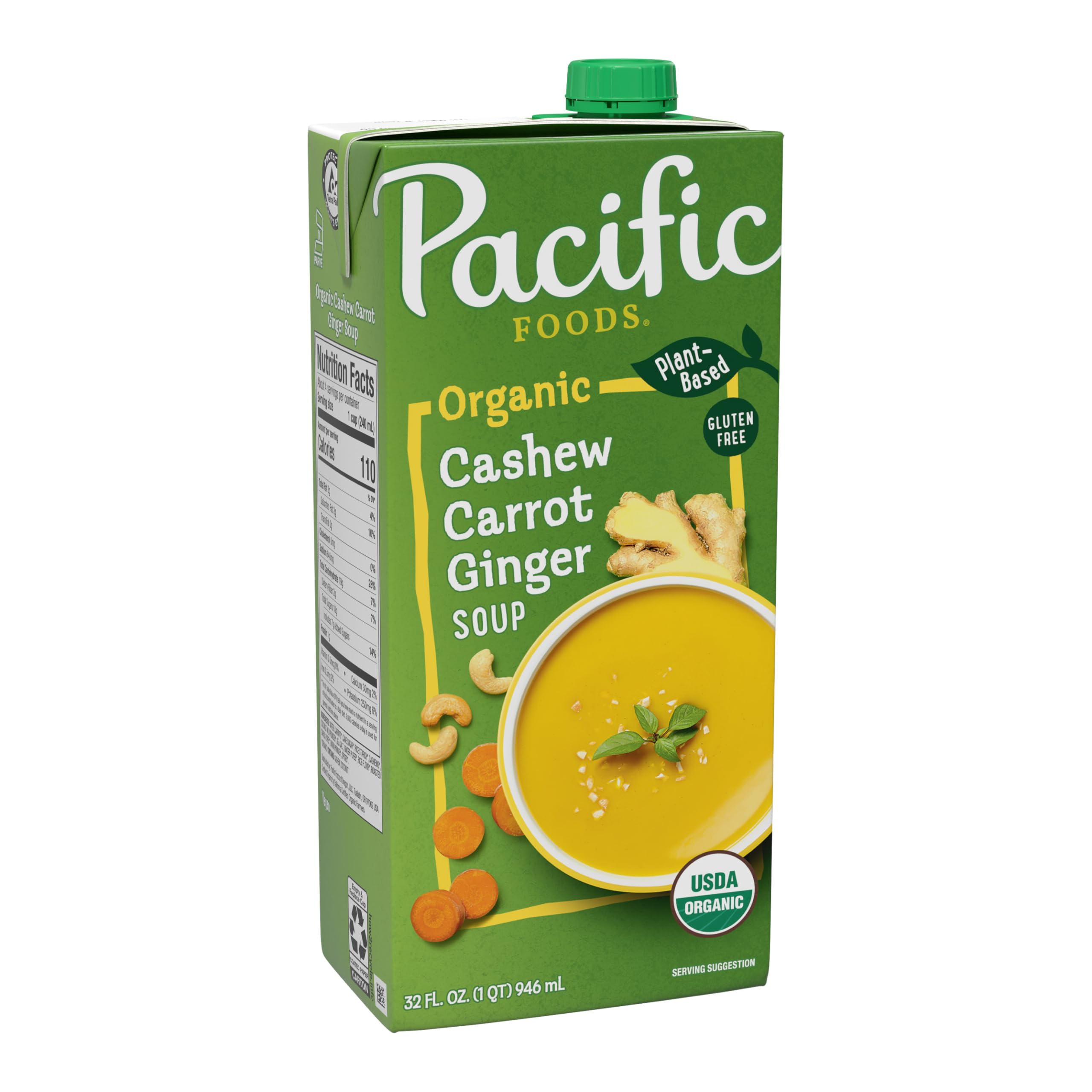 Pacific Foods Cashew Ginger Soup carton front view, creamy vegan comfort.