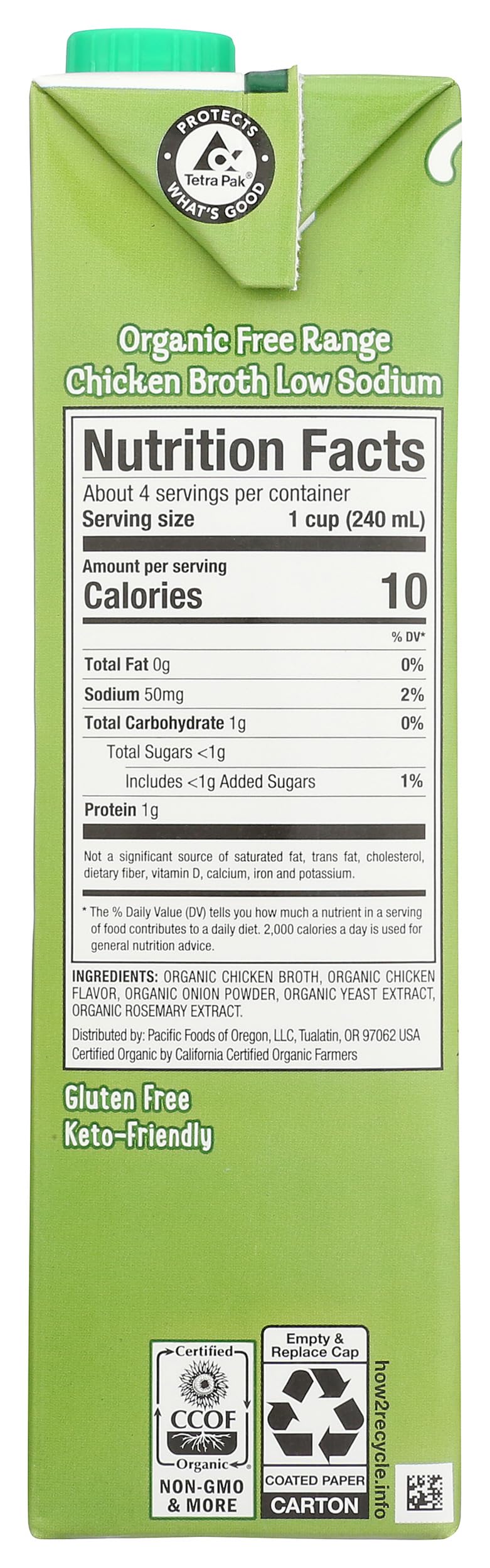 Fat-free and gluten-free badge on Pacific Foods broth label