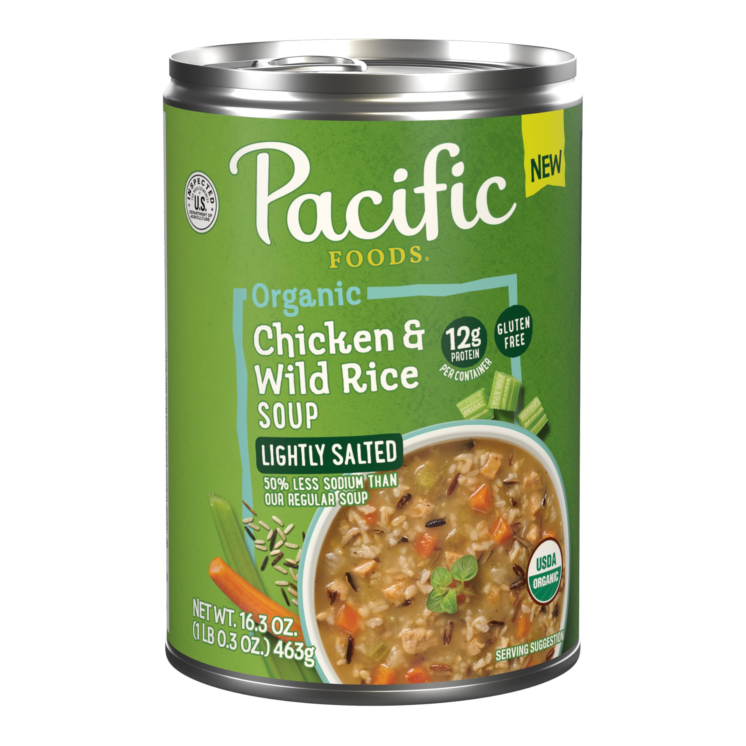 Pacific Foods Chicken Wild Rice Soup can showing a low-sodium, quick-meal option