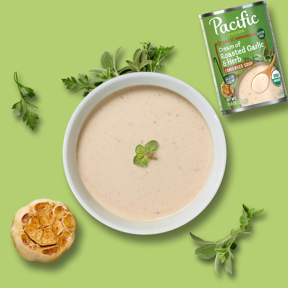 Pacific Foods condensed cream of roasted garlic and herb in a ready-to-serve bowl